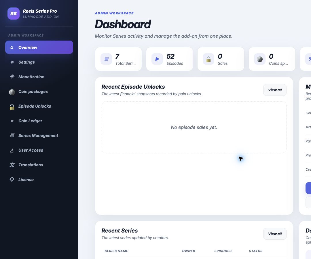 Reels Series Pro administration dashboard