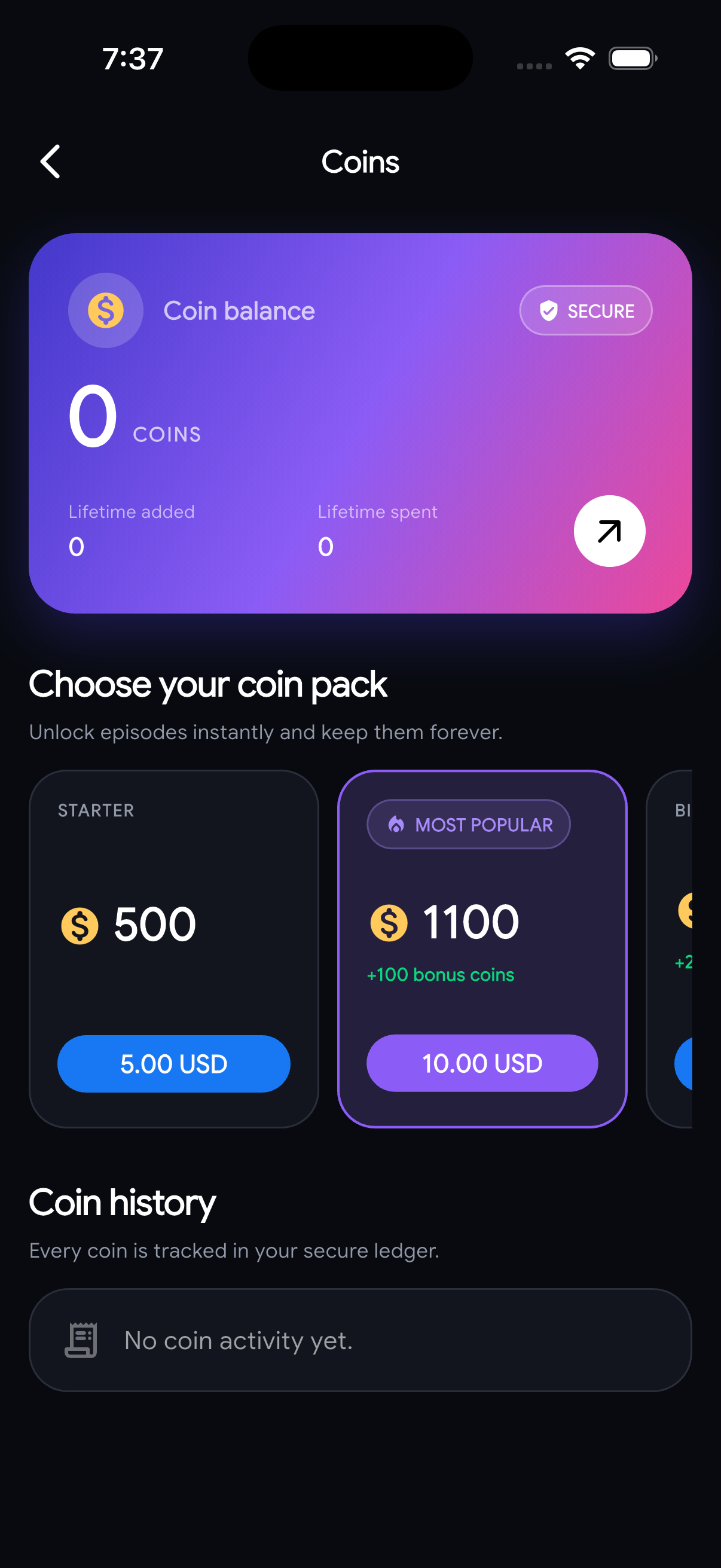 Reels Series Pro Coins screen in the Flutter app