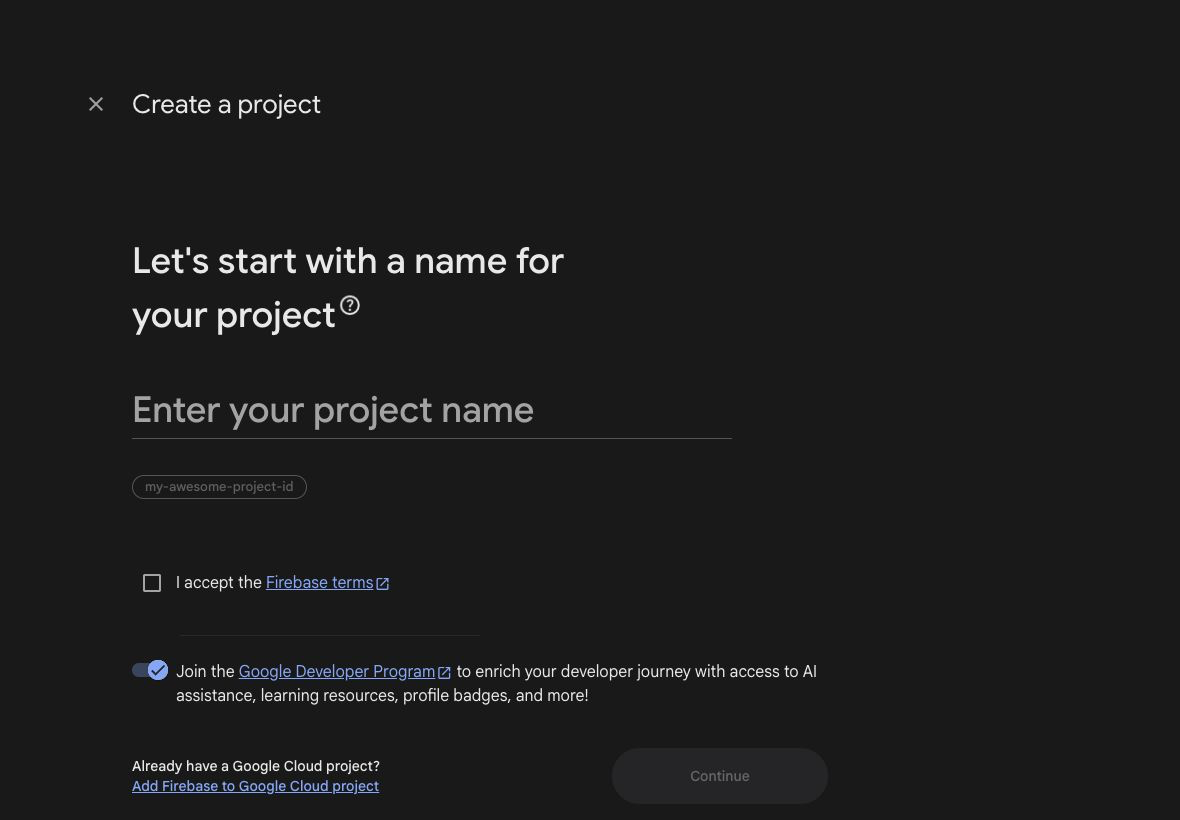 Firebase Console create project screen